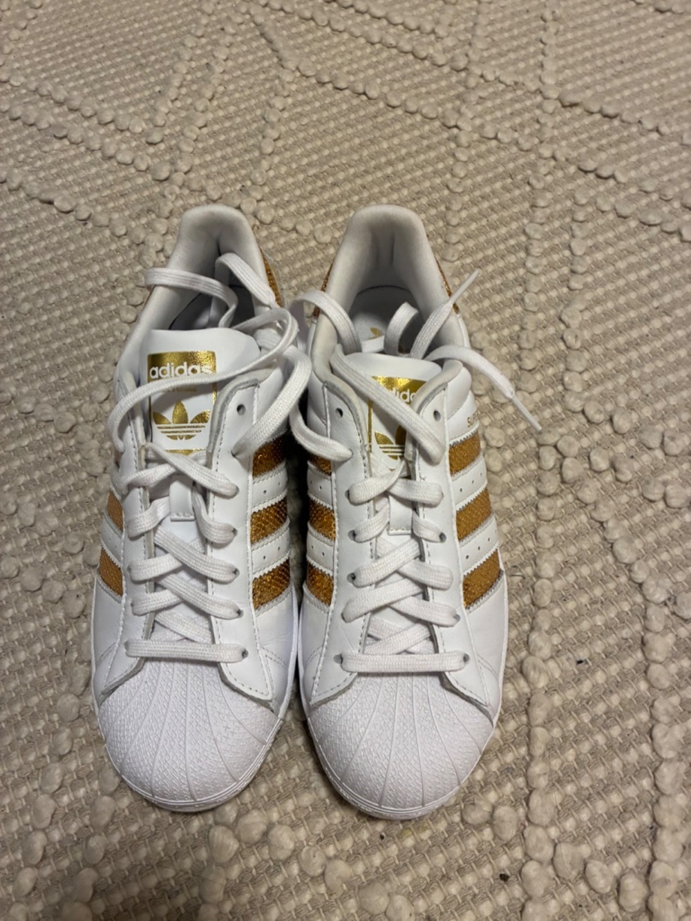 Adidas Superstars. Size 8. Brand New. White with Gold Metallic